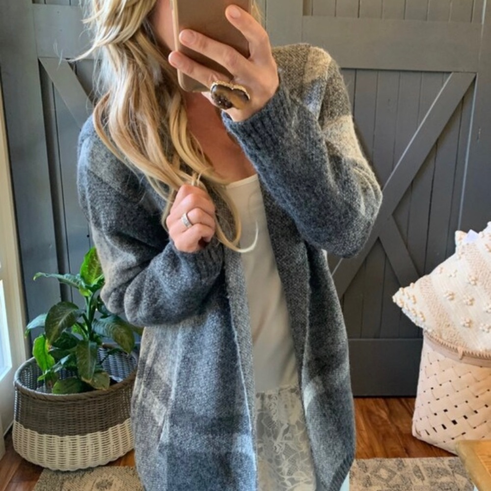 New Hooded Cardigan Sweater Coat Shacket Jacket Grey Vtg Western Boho